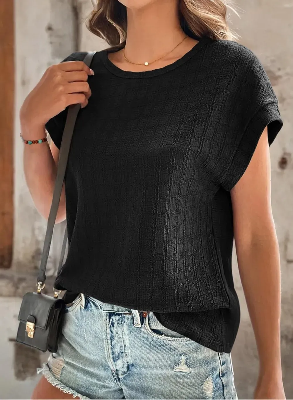 Dokotoo Tops for Women Trendy Summer Casual Cap Short Sleeve Basic Textured Solid Color Round Neck T Shirts Blouse