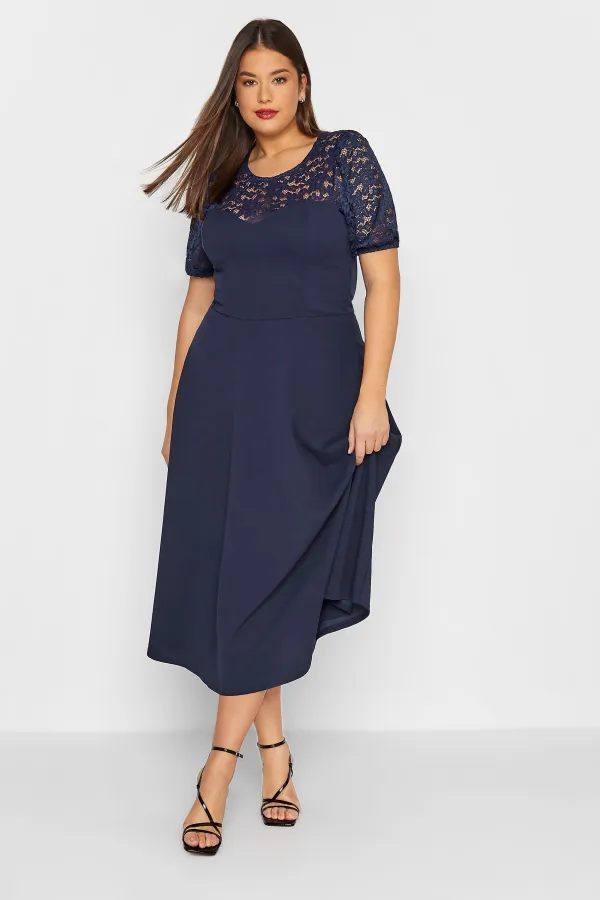 LTS Tall Dark Blue Lace Midi Dress