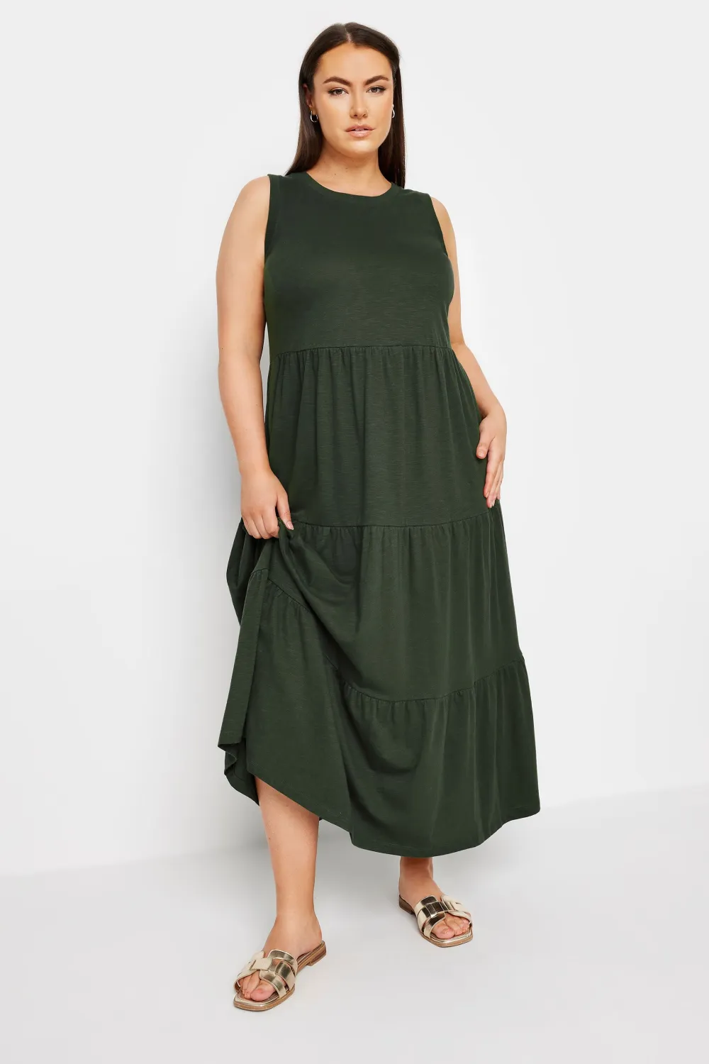 YOURS Curve Khaki Green Tiered Midaxi Dress