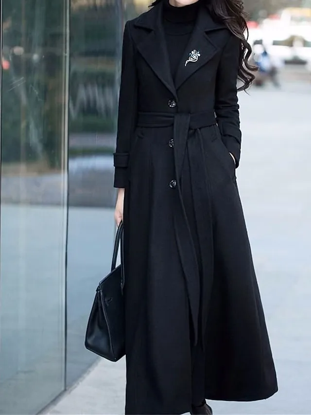 Women's Long Overcoat Winter Coat Single Breasted Trench Coat Thermal Warm Windproof Belted Dress Coat Fall Silm Fit Elegant Lady Coat Classic Jacket Long Sleeve