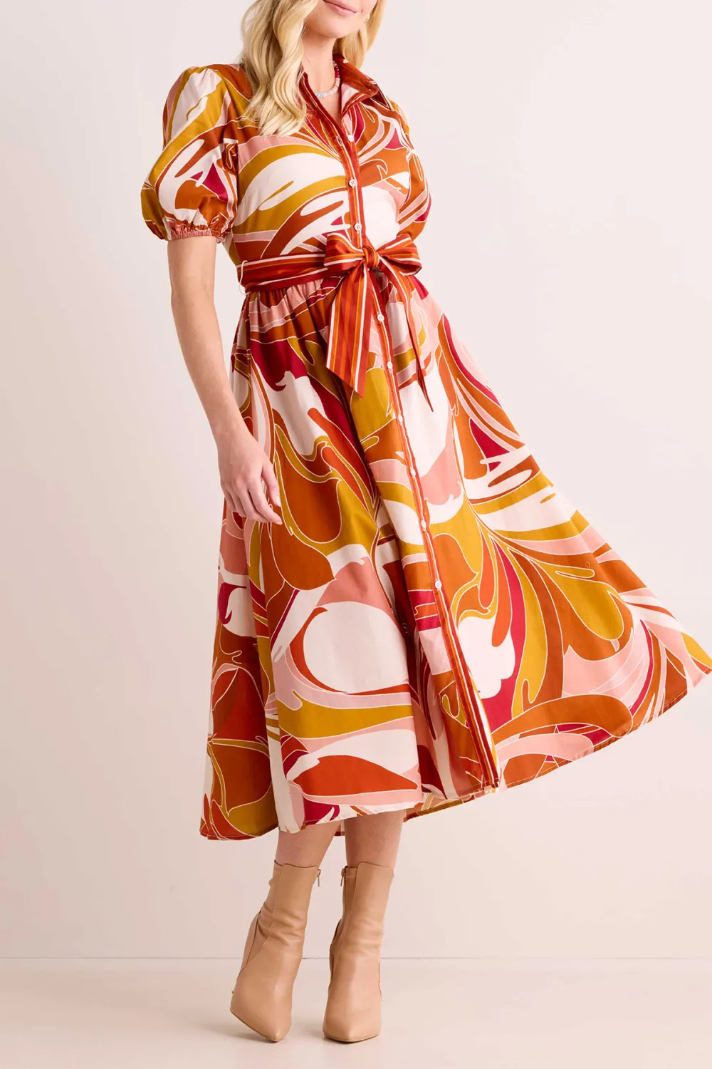 Orange Abstract Print Tie-Waist Midi Dress