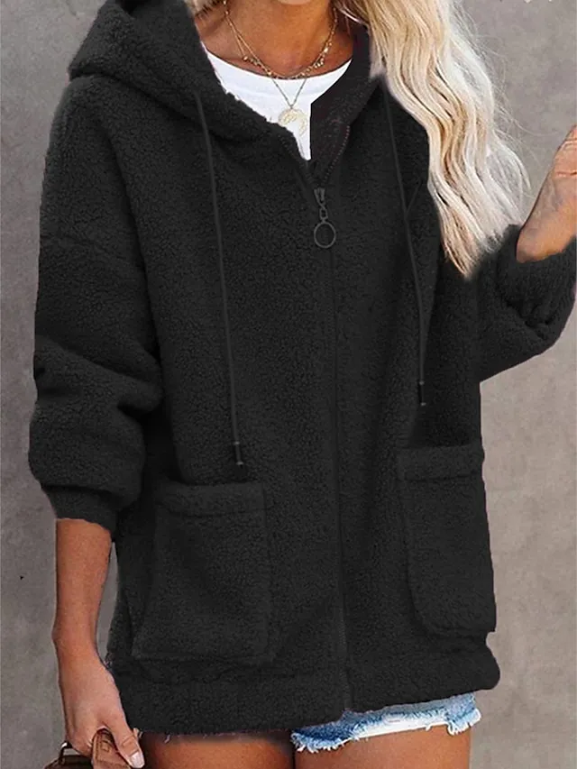 Women's Teddy Coat Fall Sherpa Jacket Street Winter Short Coat with Hood Vacation Going out  Warm Stylish Daily Casual Jacket Long Sleeve Plain with Pockets Black Blue Army Green