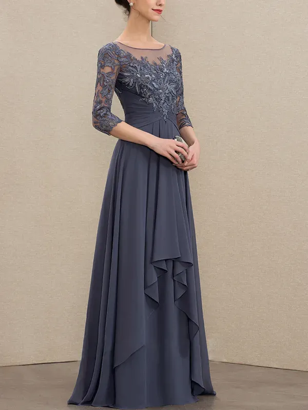 Round Neck Lace Solid Color Gown Maxi Dress