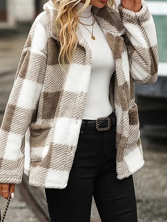 Women's Teddy Coat Plaid Sherpa Jacket Winter Fleece Coat Fall Single Breasted Stand Collar Jacket Regular Fit Outerwear Long Sleeve Black Khaki