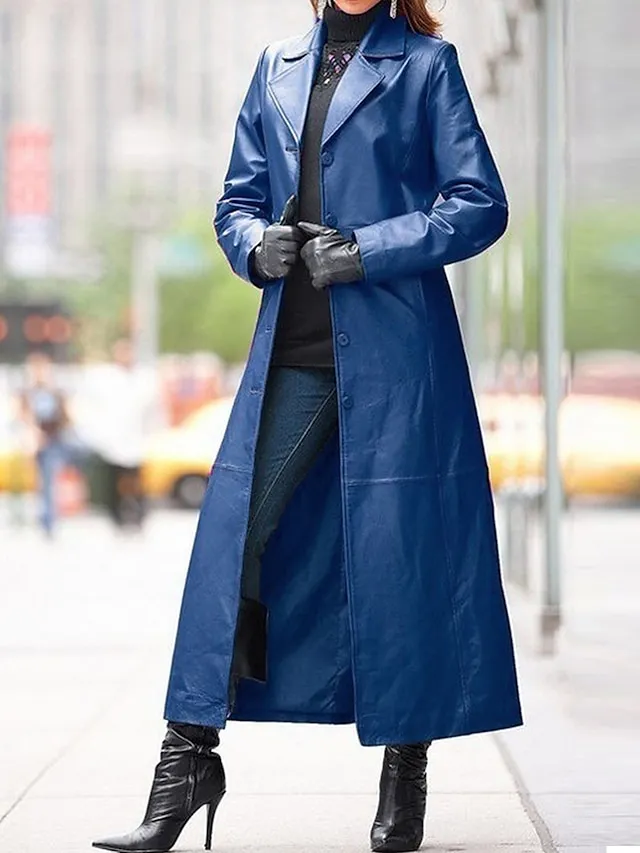 Women's Leather Trench Coat Single Breasted Lapel Overcoat Winter Coat Windproof Warm Waterproof Long Coat Fall Streetwear Outerwear Long Sleeve Black