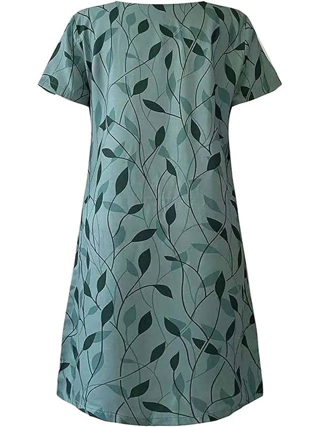 Women's Casual Dress Shift Dress Midi Dress Blue Green Short Sleeve Leaf Print Fall Spring Summer V Neck Basic Daily Vacation Summer Dress 2023 S M L XL XXL XXXL