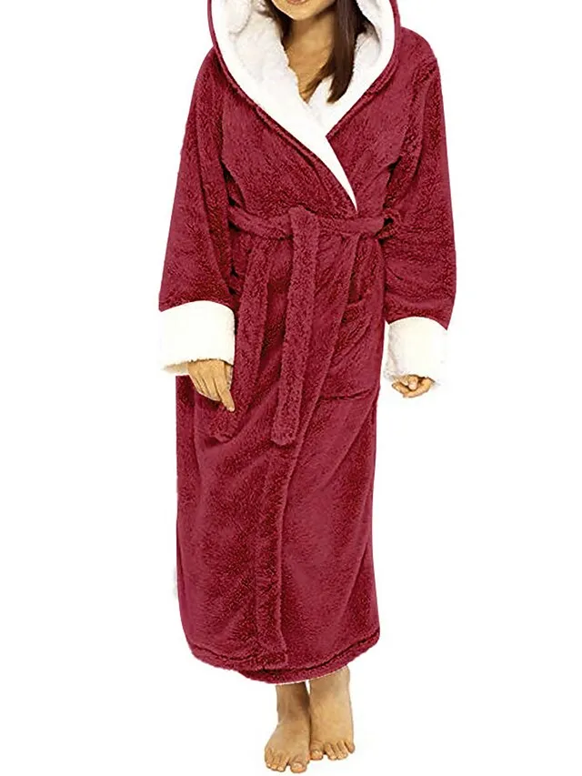 Women's Pajamas Bathrobe Robes Gown Pure Color Warm Plush Comfort Home Daily Bed Polyester Breathable Hoodie Long Sleeve Pocket Fall Winter Red Lavender