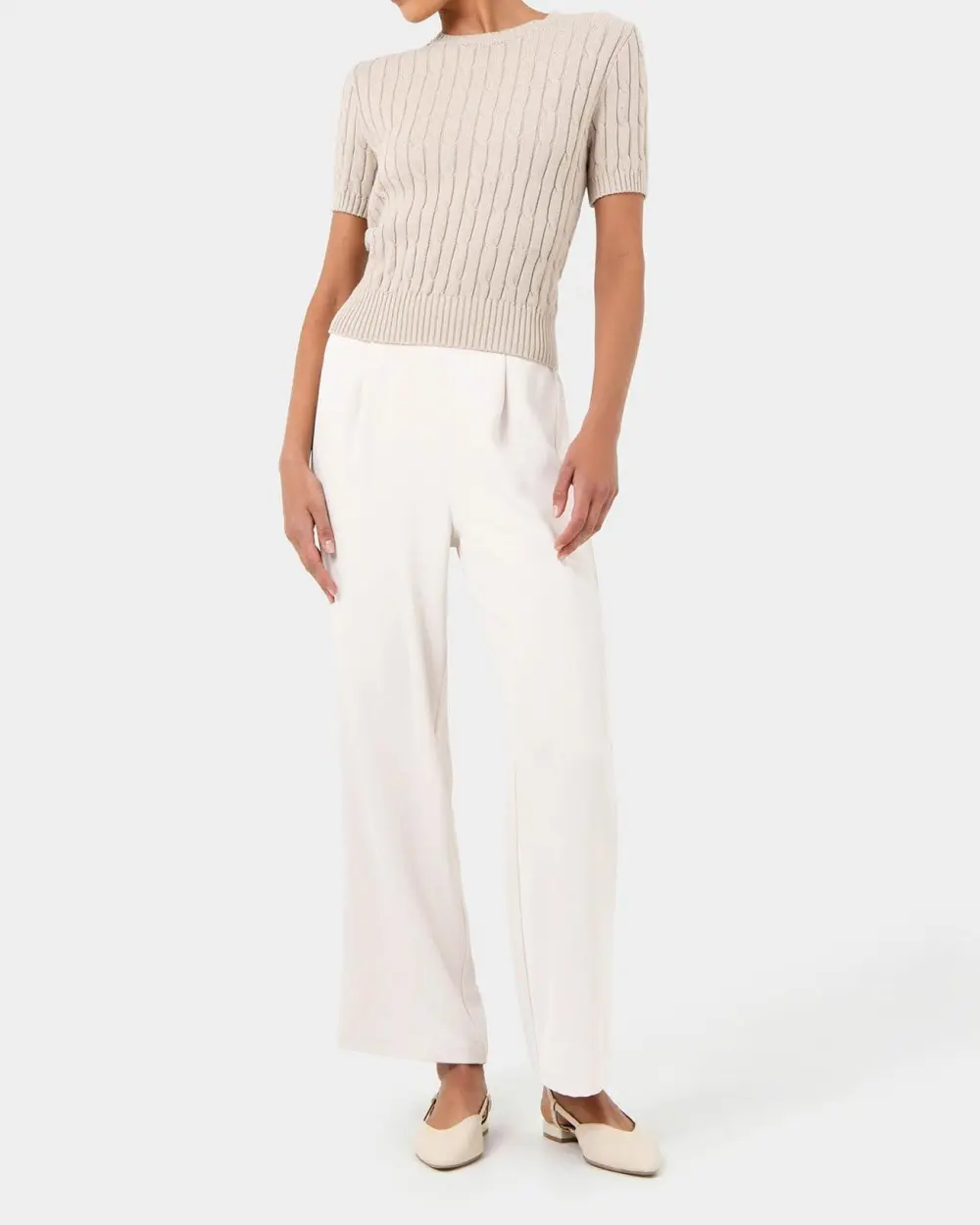 Ribbed Neckline Short Sleeve Cable Knit