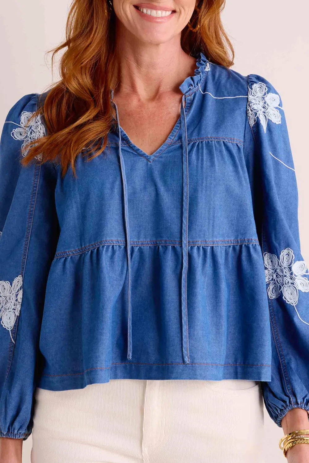 Blue Denim Ruffled Detail V-Neck Peplum Blouse