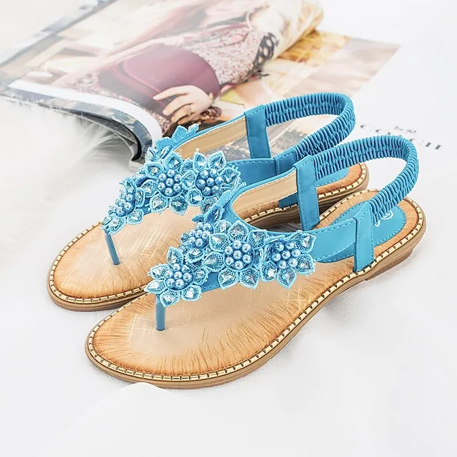 Women's Sandals Flat Sandals Party Beach Summer Rhinestone Flat Heel Round Toe Open Toe Elegant Casual PU Leather Elastic Band Solid Colored Almond Black White