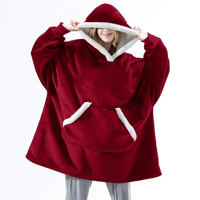 Women's Christmas Couple‘s Pajamas Nightgown Hoodie Blanket Wearable Blanket Grid / Plaid Pure Color Plush Simple Comfort Xmas Home Party Fleece Warm Gift Patchwork Pocket Fall Winter Black Gray