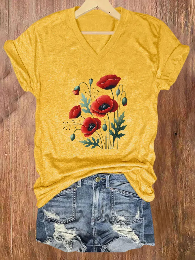 Floral Pattern V-Neck Short-Sleeved T-Shirts