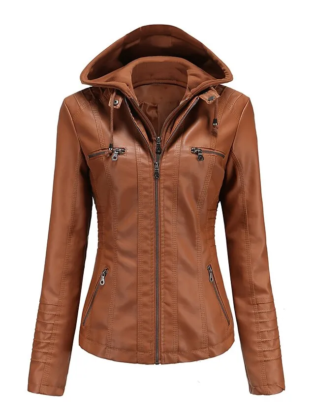 Women's Faux Leather Fall Hoodie Moto Biker Hoodie Jacket Windproof Warm Pocket Sports Solid Color Maillard Outerwear Long Sleeve Winter Fall Black Camel Red Street Casual Daily  M L XL