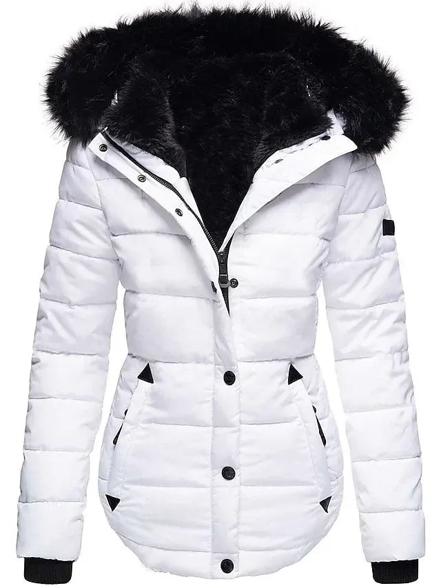 Women's Puffer Jacket Winter Jacket Winter Coat Warm Comfortable Casual Going out Zipper Button Pocket Fur Collar Zipper Hoodie Sports & Outdoors Street Style Solid Color Regular Fit Outerwear Long