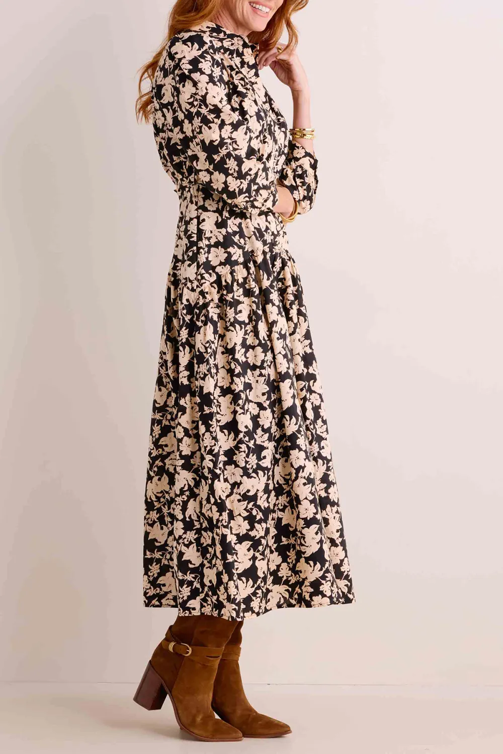 Brown Floral Print Long Sleeve Maxi Dress