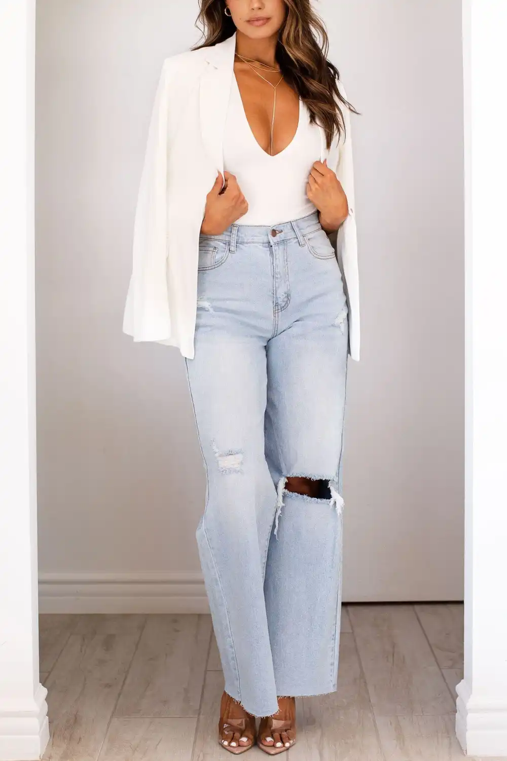 White Short Sleeve Deep V Bodysuit