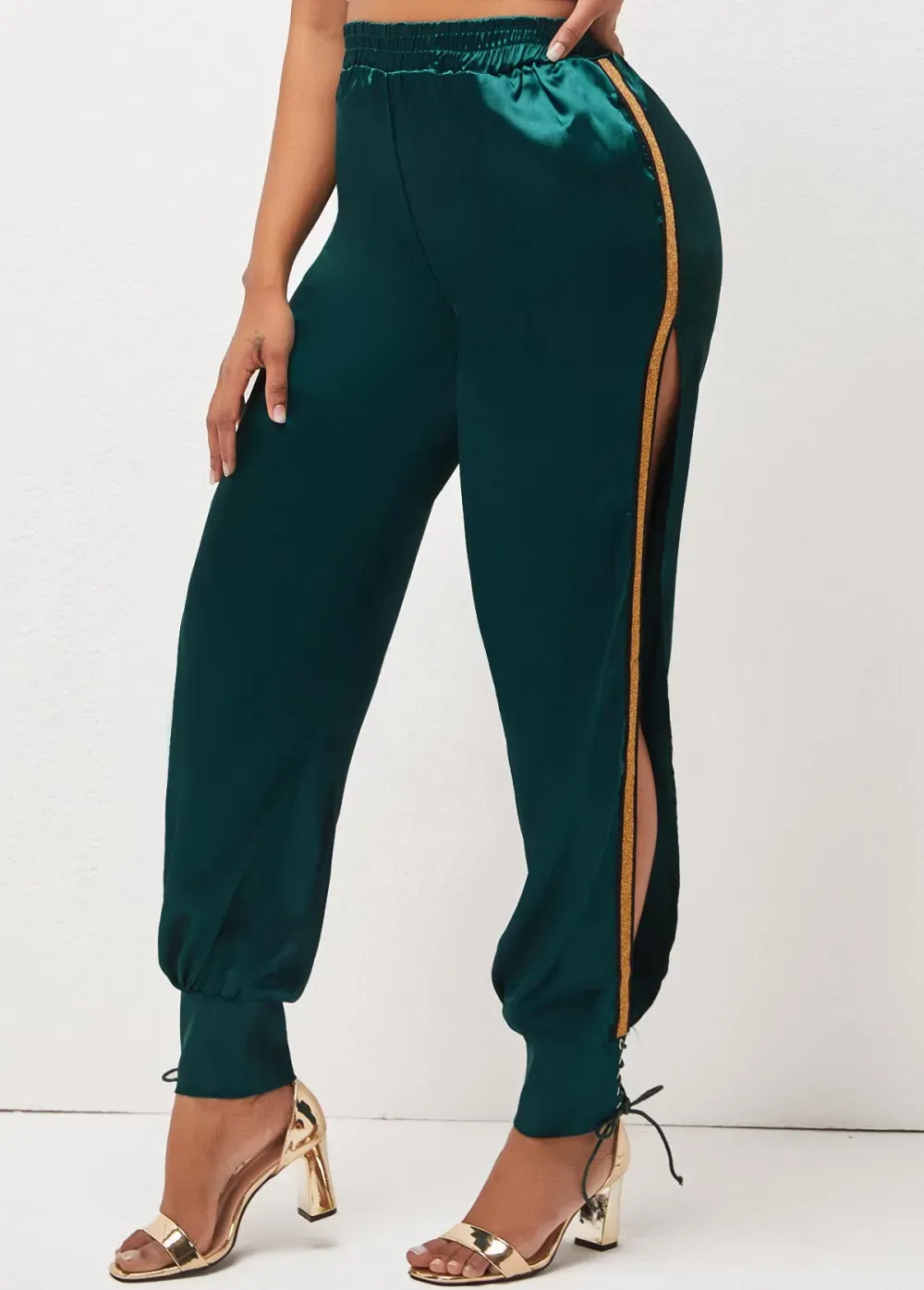 Dark Green Lace Up Side Slit Pants
