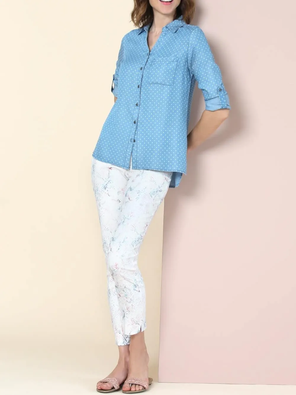 Light Blue Polka - Dot Roll - Sleeve Shirt