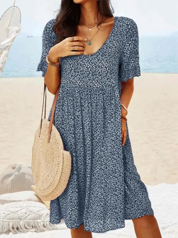 Floral Print Mid-length Casual Short-sleeved Shift Dress