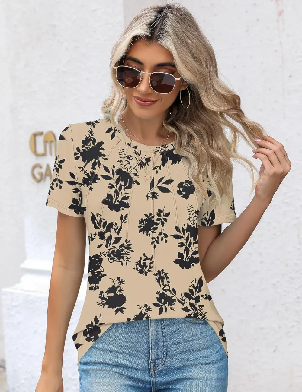 Kistore Womens Casual Crew Neck Short Sleeve Pleated Tops Blouses Fashion Clothes 2024