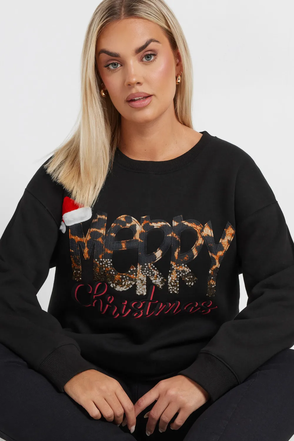 YOURS Curve Black 'Merry Christmas' Sequin Embellished Sweatshirt