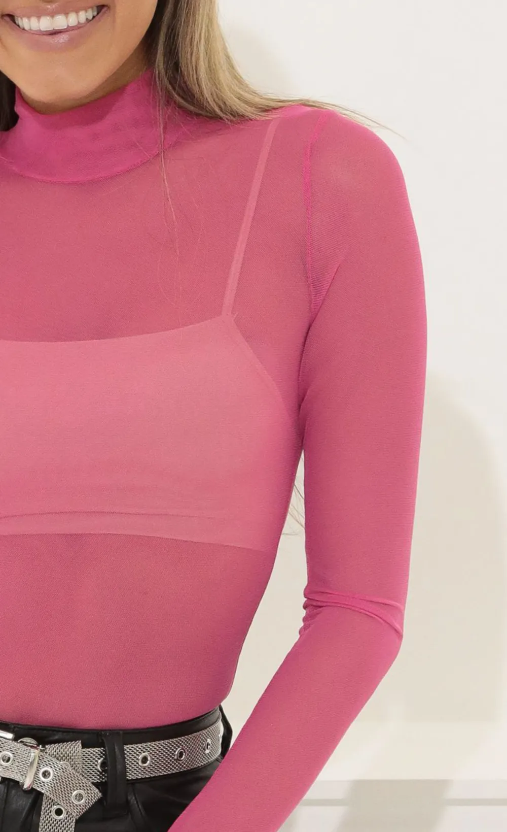 Mesh Long Sleeve Bodysuit in Fuchsia