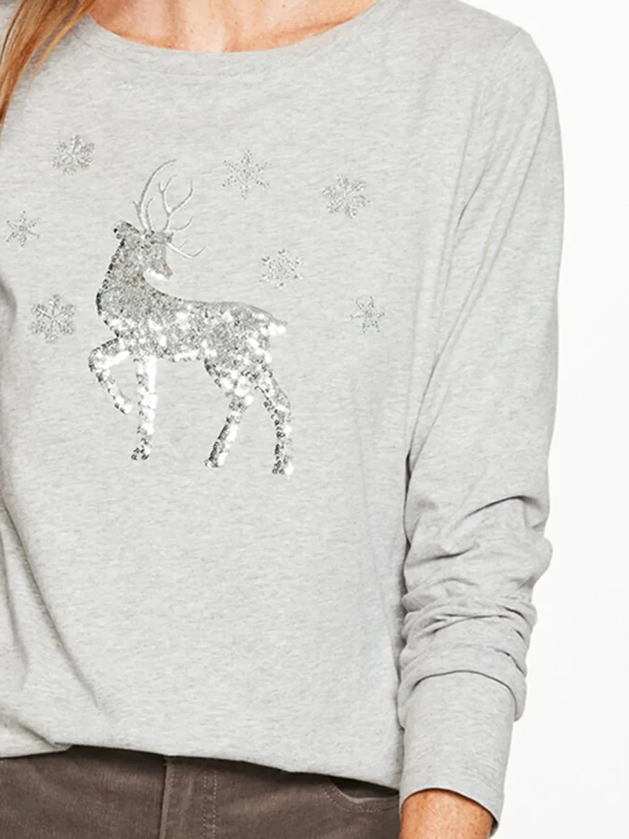 Women'S Sequined Reindeer Pattern Crew Neck Long-Sleeved T-Shirt
