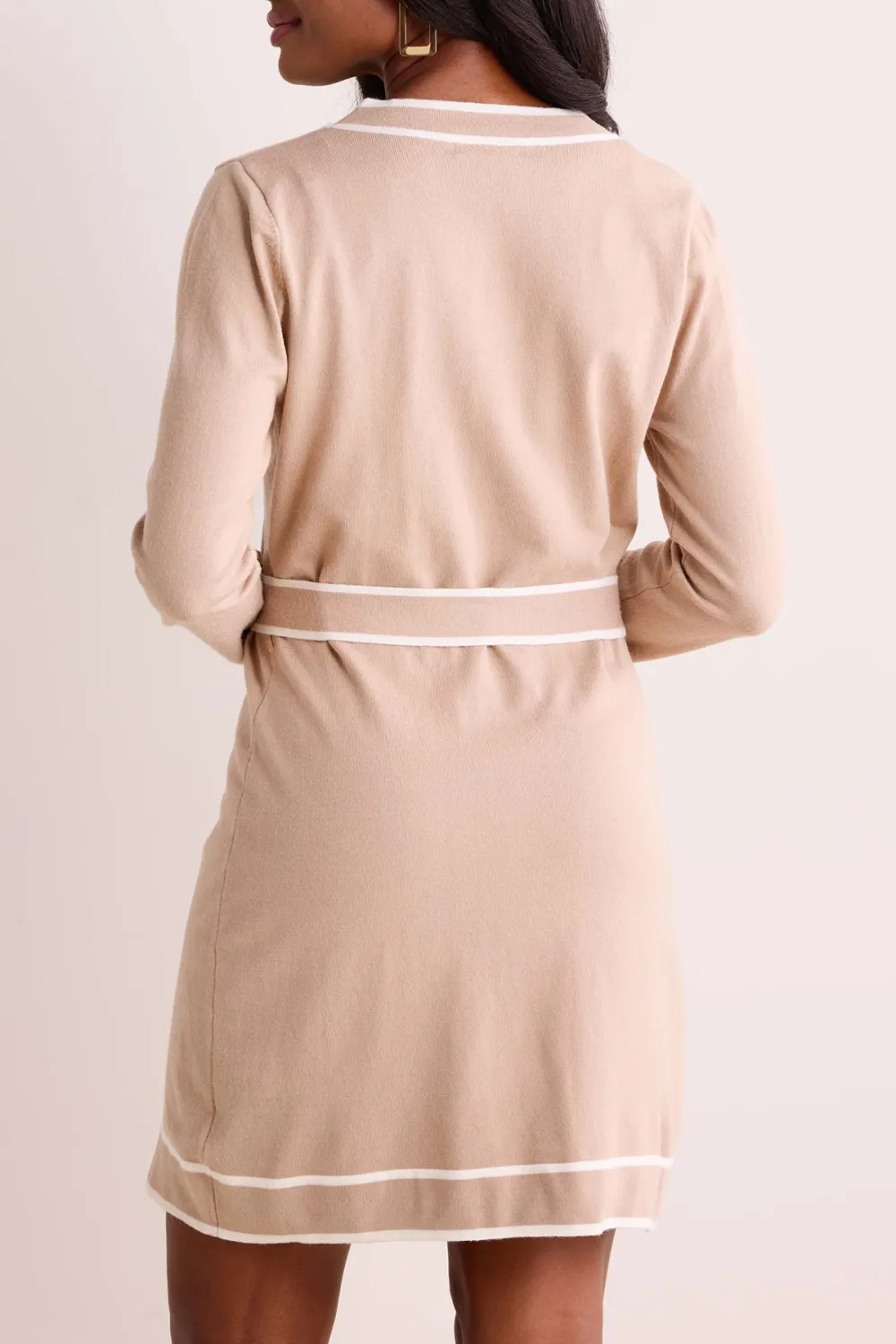 Beige Tie-Waist Contrast Trim Sweater Dress