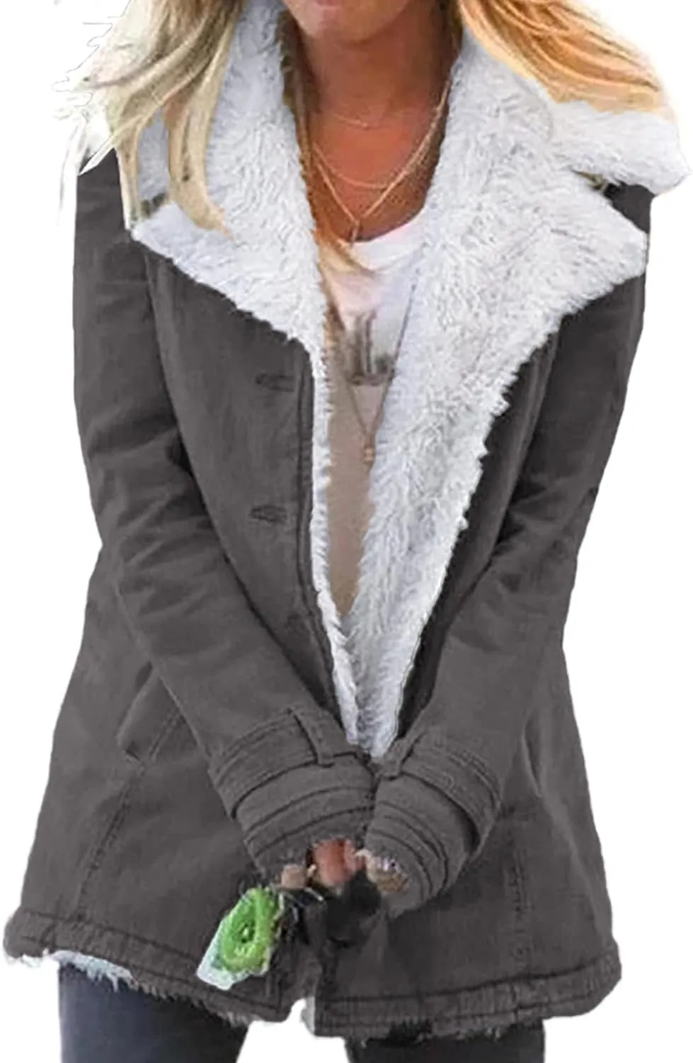 Womens Winter Warm Jean Jacket Stand Collar Wool Liner Sherpa Denim Coats Thicker Outerwear with Pockets