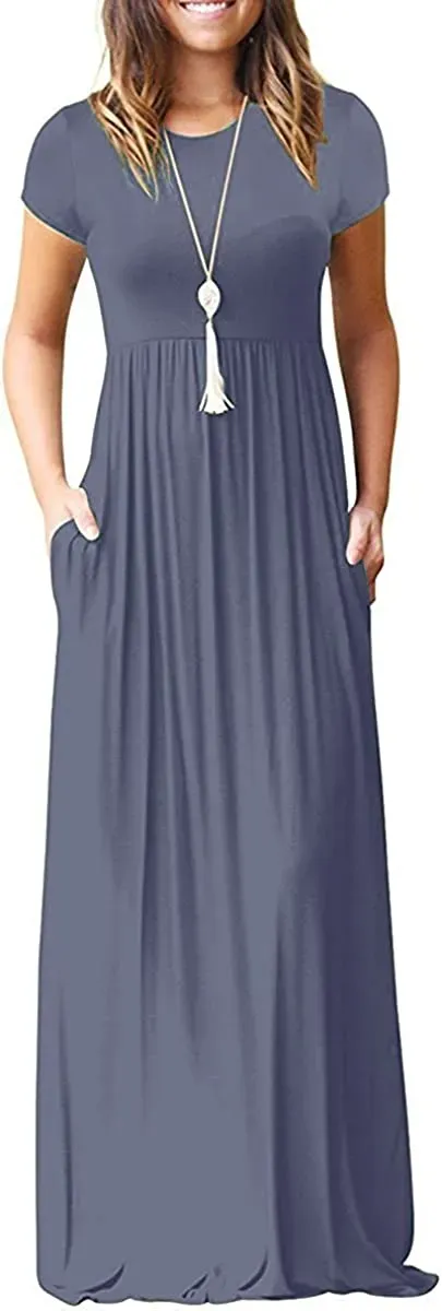Women's Short Sleeve Loose Plain Maxi Dresses Casual Long Dresses with Pockets