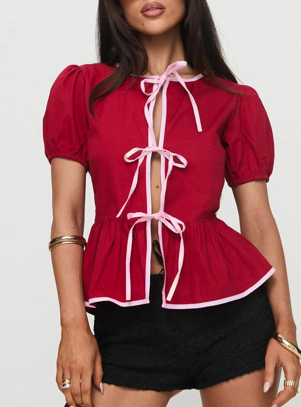 Red Puff Sleeve Peplum Shirt
