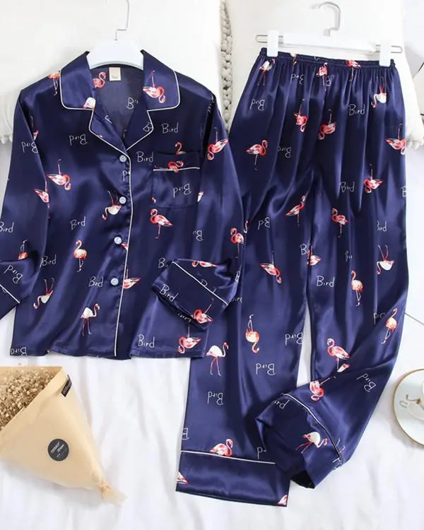 Long Sleeve Pajamas Ice Silk Printing Fashion Sleepwear Set