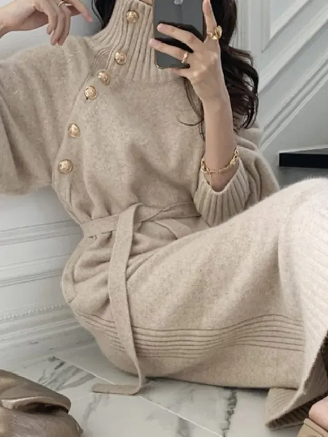 Women's Sweater Dress Jumper Dress Winter Dress Knee Length Dress Knitwear Stylish Mature Pure Color Outdoor Winter Dress Holiday Weekend Turtleneck Long Sleeve Tie Front Button Knit 2023 Loose Fit