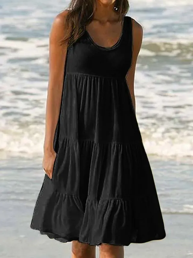 Women's White Dress Sundress Midi Dress Black And White Light Pink Green Sleeveless Pure Color Ruched Spring Summer Crew Neck Basic Boom Sale Dress S M L XL XXL 3XL 4XL 5XL