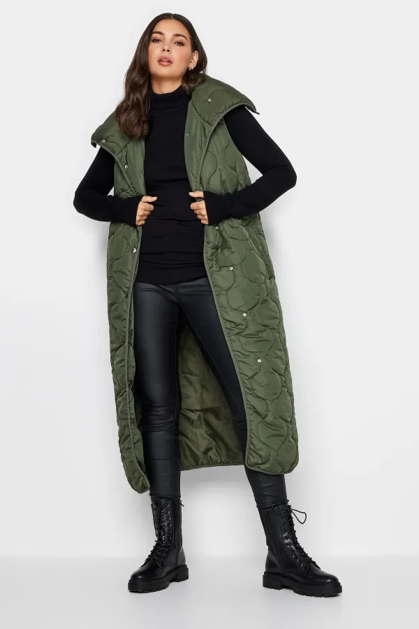 LTS Tall Olive Green Funnel Neck Quilted Longline Gilet