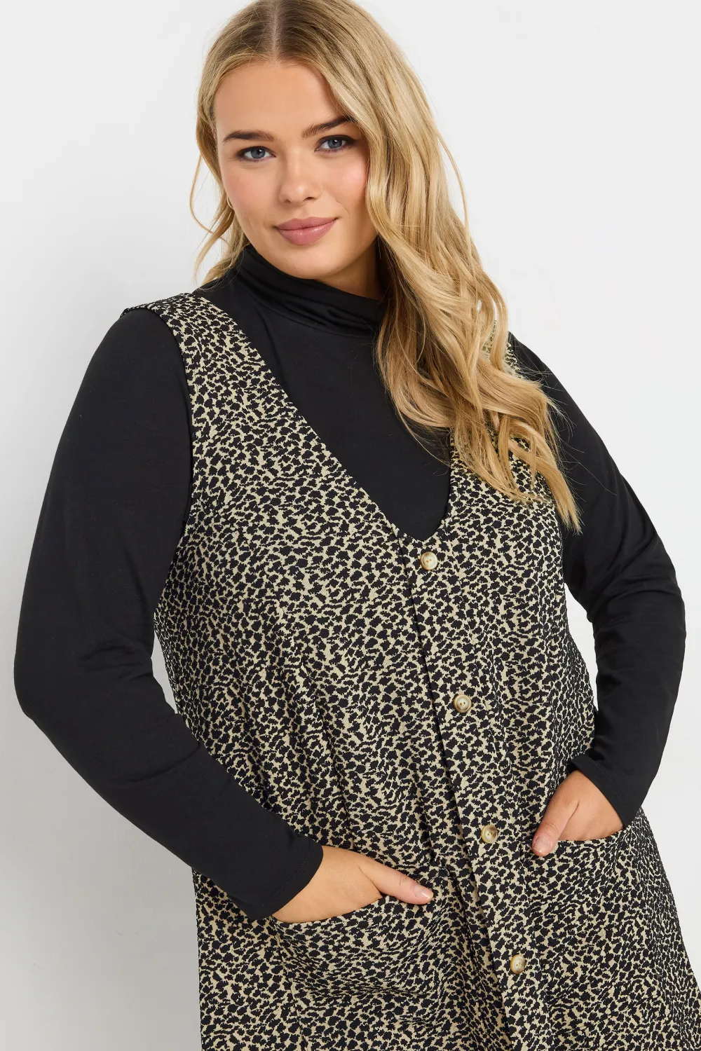 YOURS Curve Grey Check Print Button Through Pinafore Dress