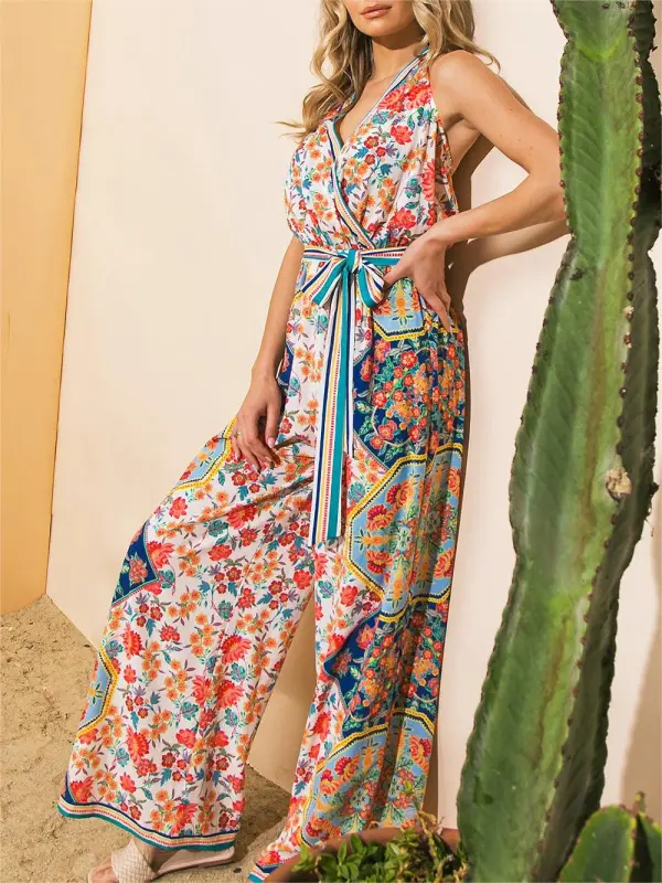 Floral Wide Leg Halter Jumpsuit