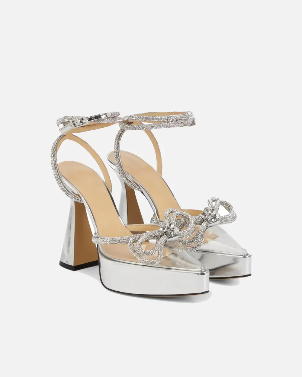 Crystal Bow Platform Flared Heels in Silver