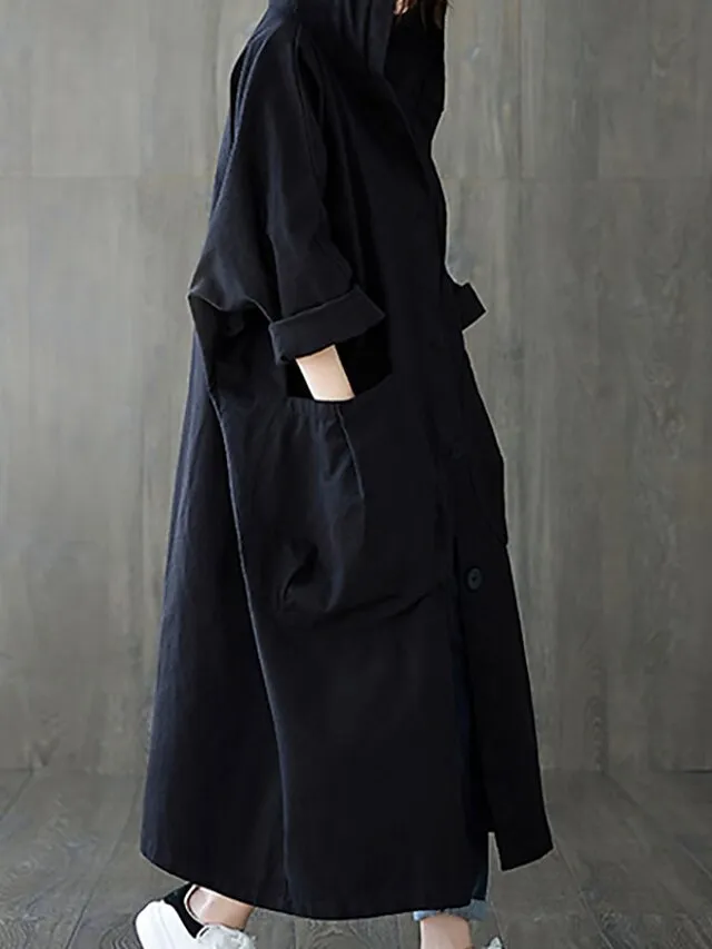 Women's Trench Coat Daily Fall Long Coat V Neck Regular Fit Warm Casual Jacket Long Sleeve Solid Color Quilted Black Khaki