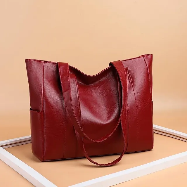 Women's Handbag Tote Shoulder Bag PU Leather Office Shopping Daily Zipper Solid Color Black Red Purple