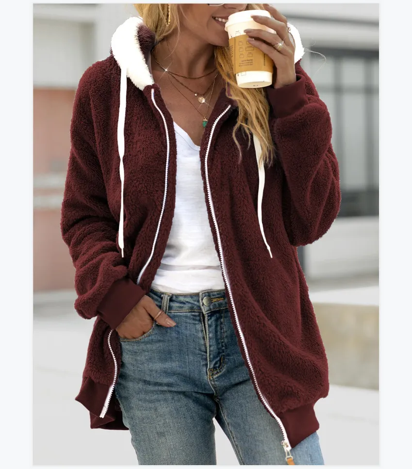 Plush Drawstring Hooded Zip Coat