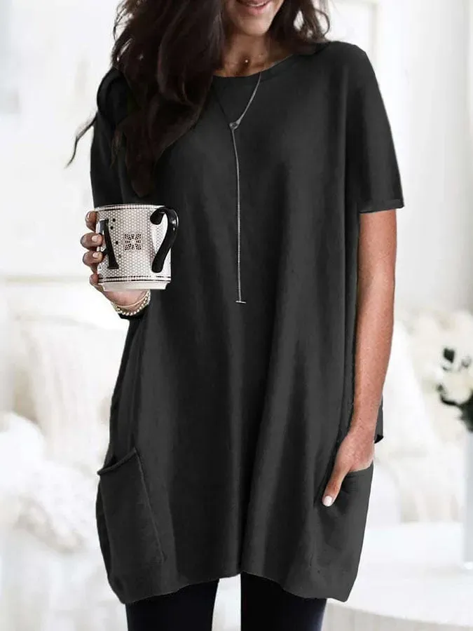 Solid Color Short Sleeve Casual Pocket T-Shirt