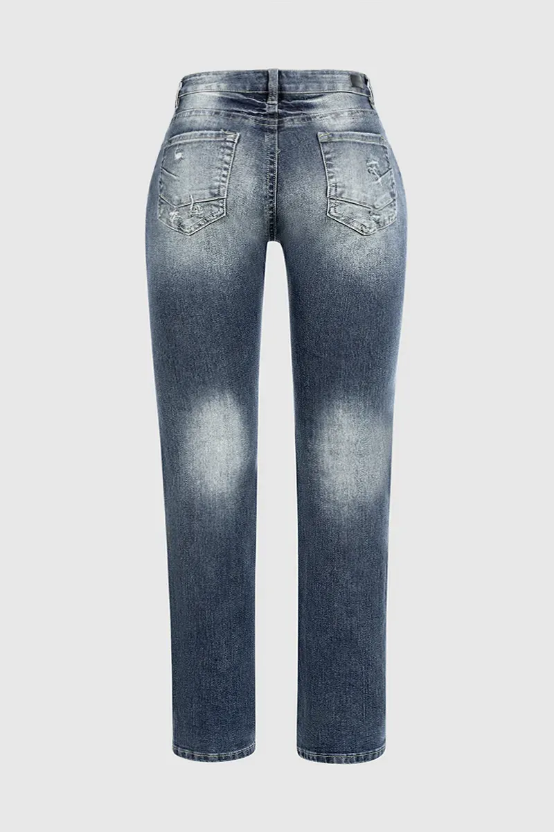 Mid Waist Wash Straight Leg Jeans