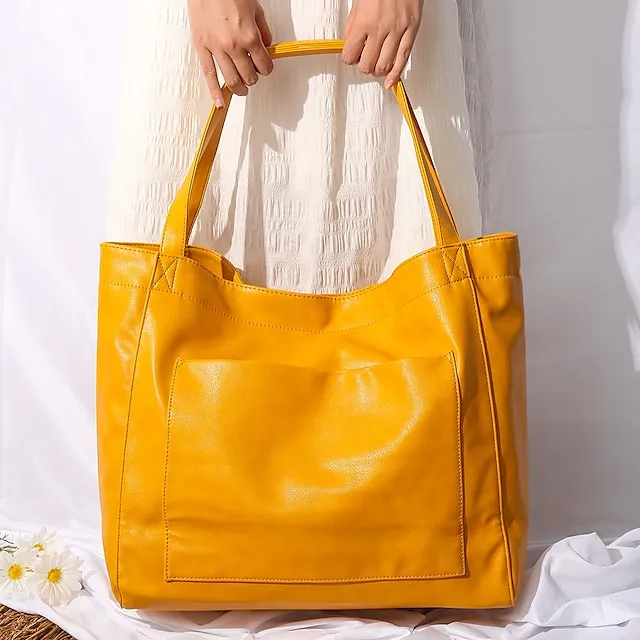 Women's Large Capacity Tote PU Leather Daily Holiday Large Capacity Waterproof Durable Solid Color Black White Yellow