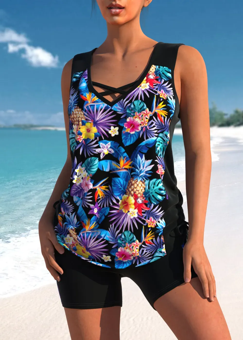 Floral Print Black Cross Strap Tankini Set