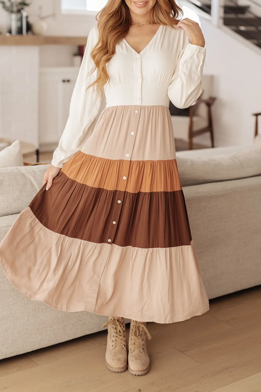 All-Match Temperament Color Blocking V-Neck Dress