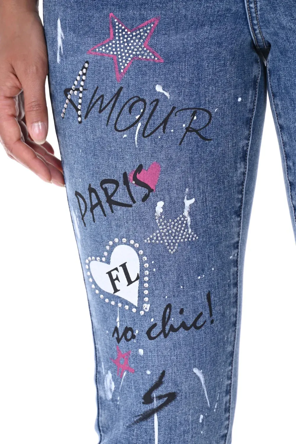 Embroidered Love Motif Blue Denim Jeans