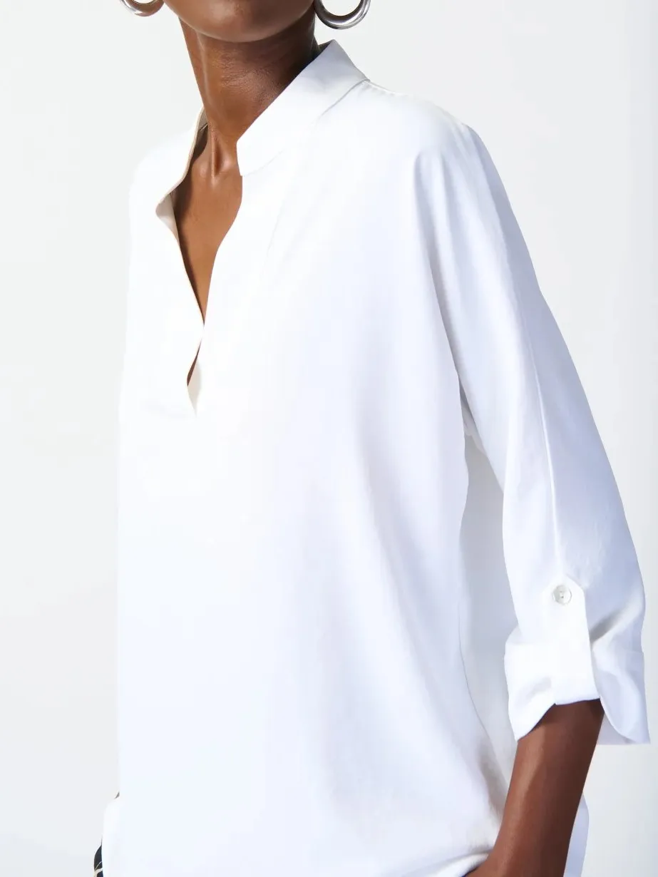 White V - Neck Roll - Sleeve Blouse