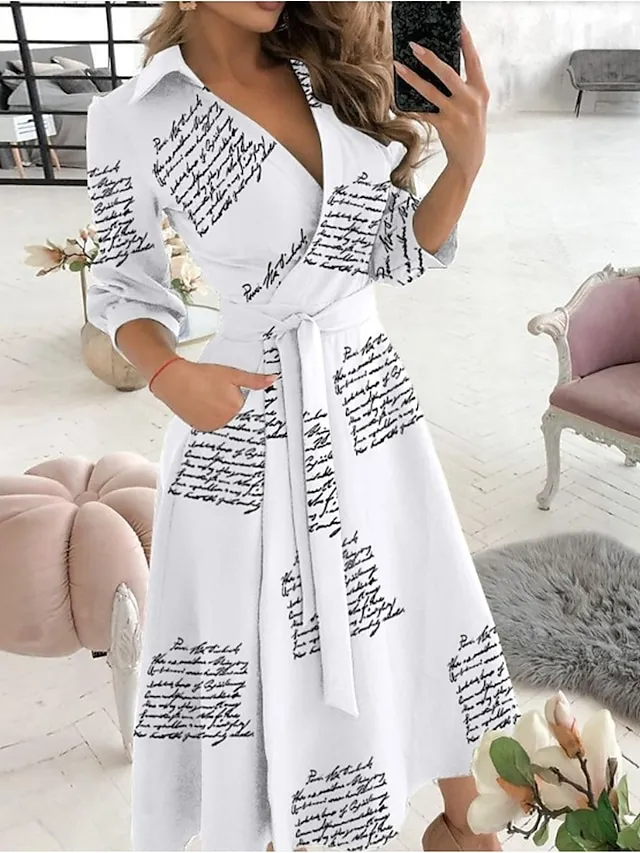 Women‘s A Line Dress Midi Dress Tie dye Letter printing Butterfly print Big wave point Small dots Diamond printing Black khaki Sky Blue Red Long Sleeve Print Butterfly Pure Color Lace up Pocket
