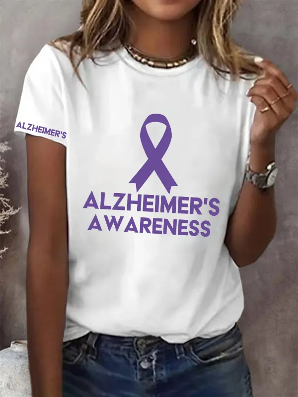 Women'S Alzheimers Awareness Printed Round Collar Casual T-Shirt